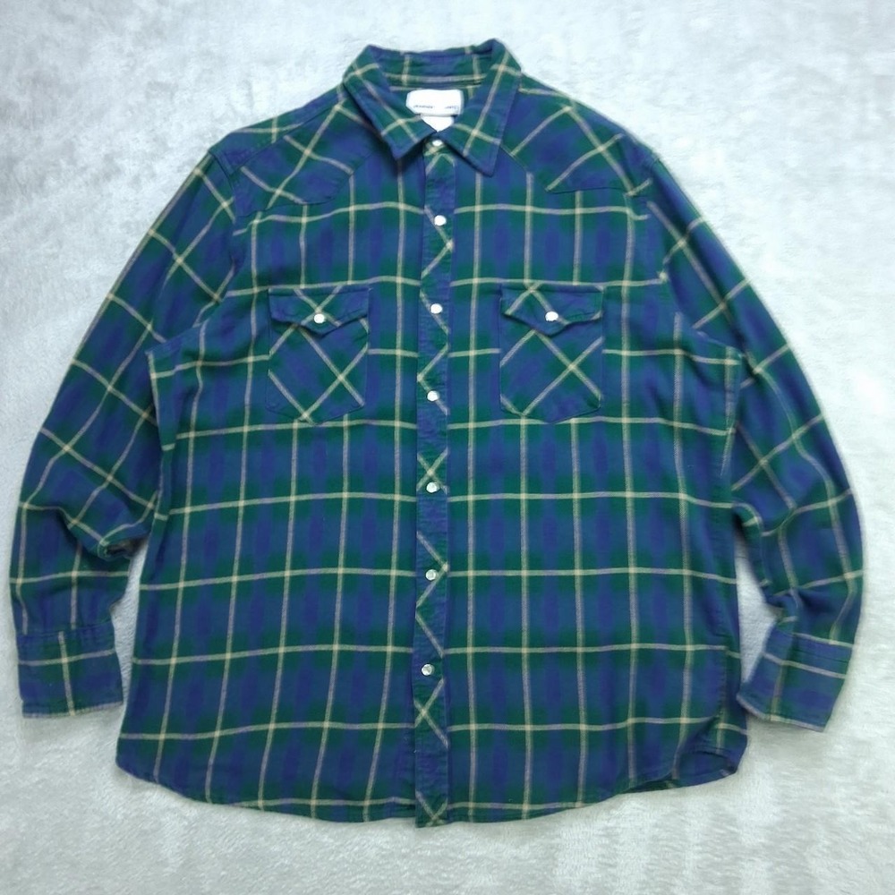 Wrangler Wrancher Men Blue Green Plaid Western Snap Button Shirt XL MTSC068